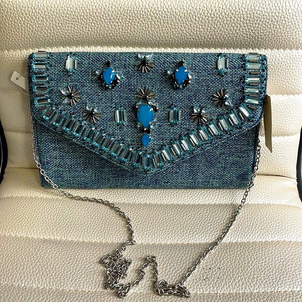 GLINT Purse Prom Formal Color Trend light Blue Teal Long Chain Strap Embellished